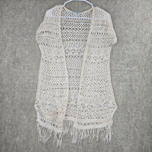 Maurices Womens Open Cardigan Beige Medium Acrylic Blend Crochet Fringe Boho
